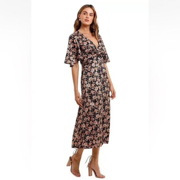 NEW ACLER Size 10 Tippet Midi Dress Flutter Sleeve Half Lined Floral Satin - Picture 1 of 16